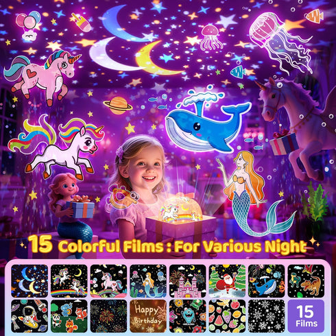 15 Films+15 360 Pikoy Unicorn Toys for Girls Gifts, Lullaby Sound Machine for Kids Night Light Projector