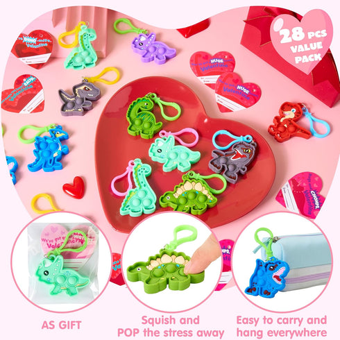 28 Packs JOYIN Valentine's Day Gift Cards with Pop Fidget Keychain Toys, Dinosaur Stress Anxiety Relief Fidget Toys