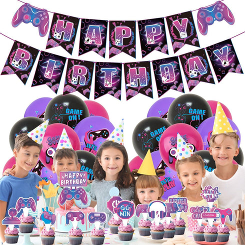 Video Game Birthday Party Decoration Set, Purple Game Supplies, Includes Birthday Banner and Balloon