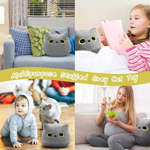 12" Kawaii Gray Cat Plush Pillows Toys, Cute Soft Stuffed Animals for Kids Gifts, Home Car Decoration