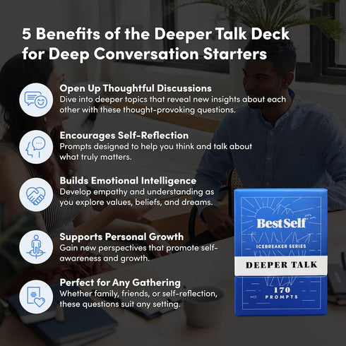 Pack 170 BestSelf Icebreaker Deeper Talk Deck - Conversation Starter Card to Deepen Friendships with Prompts to Create