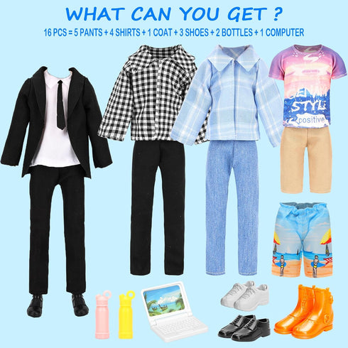 Miunana Doll Clothes & Accessories Lot - 16 Items, Classic Black Suit for Boy Doll, 4 PCS Casual Wear, 5 PCS Pants, 3