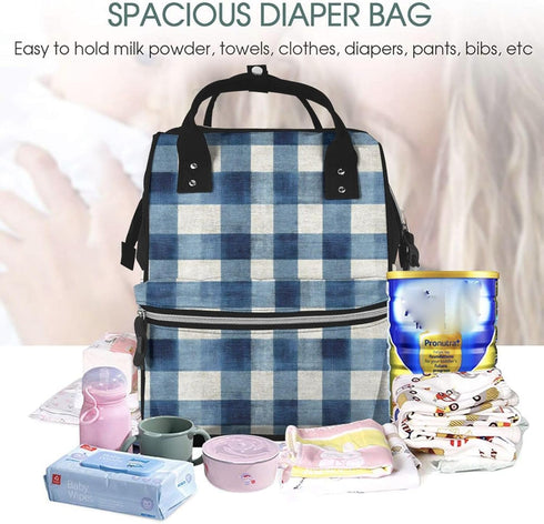 Qewfoju 3 Backpack Dusty blue Gingham Pattern Diaper Bag Multifunctional Baby Bags for Baby Girls & Boys Large Capacity