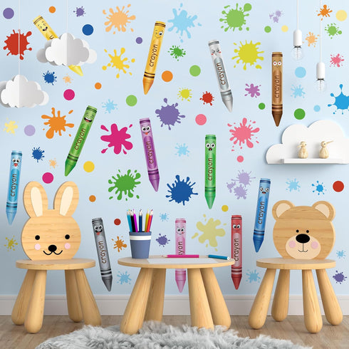 10 Sheets Creative Colorful Crayons Wall Decals Watercolor Ink Splash Dots Pens Wall Stickers DIY Removable Peel