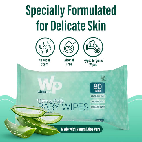 12 Packs 80 WIPESPLUS Baby Wipes, Hypoallergenic Ultra Soft Wipes for Sensitive Skin, Unscented, Alcohol Free, of Wipes