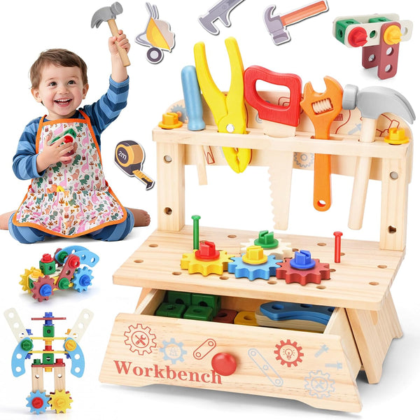 REXBETI Kids Tool Set, Wooden Toddler Tool Set with Apron, Toddler Tool