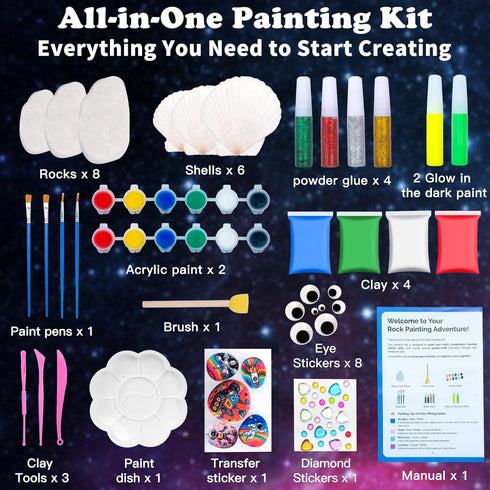 6-12, Awsoo Glow in The Dark Rock & Shell Painting Kit Arts and Crafts for Kids Ages Kids Craft Paint Kit, Art Supplies