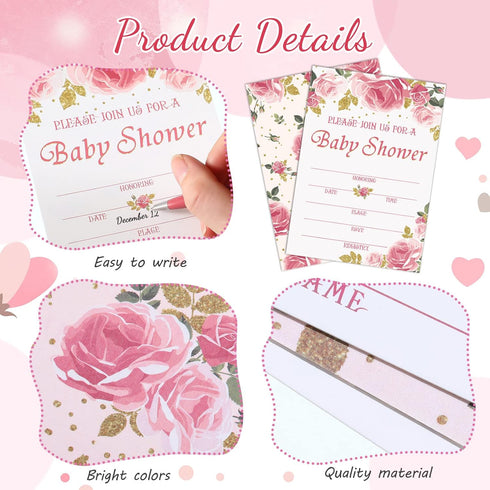 Set 25 Marspark of Pink Floral Baby Shower Invitations, Diaper Raffle Tickets and Baby Shower Invitation Cards
