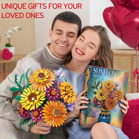 Asoulin Set 1065PCS Flower Bouquet Building Blocks with Vase, Mothers Day Mom Grandma Gifts, Artificial Sunflower