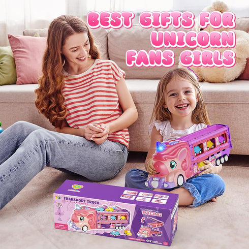 Set 6 2-Player 3, 4, 5, 6, 7 Hot Bee Girls Toy Car with Unicorn Toys Truck - Princess Cars & Fold Out Track with Light