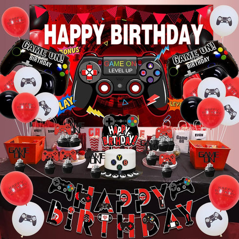 Video Game Birthday Party Decorations, Red and Black Gamer Supplies, Happy Birthday Backdrop, Cake Topper