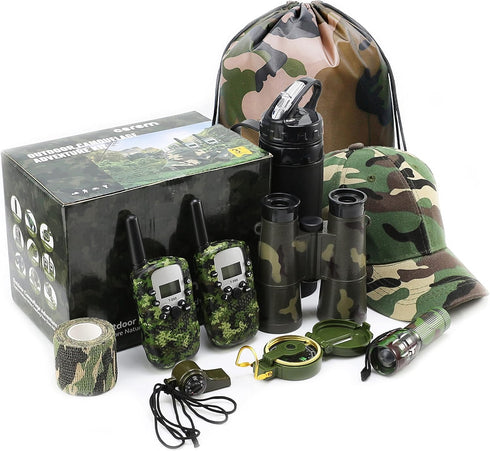 Outdoor Adventure Kit for Kids, Premium Camouflage Camping Gear with Walkie-Talkies, 10 in 1 Explorer Gear Set