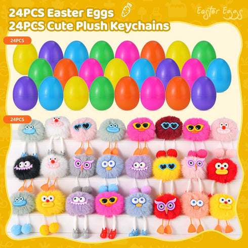 EFLSJIO 24 Pack Prefilled Easter Eggs with Kids Keychains Plush Toy Cute Keychains for Kid Boys Girls for Easter Egg