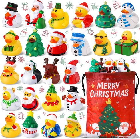 24 Pcs Christmas Rubber Ducks with a Bag, Christmas Stocking Stuffers for