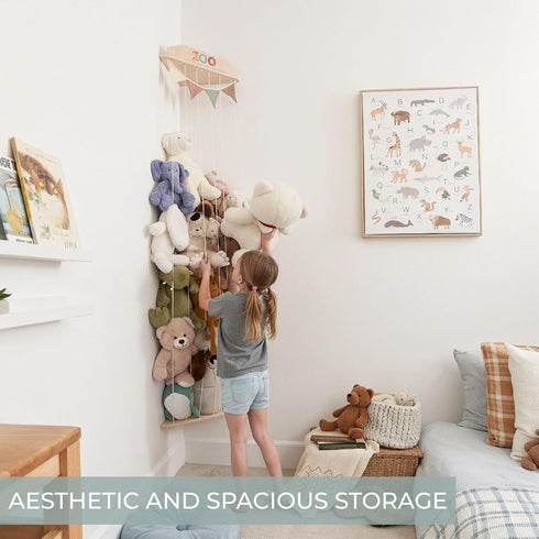 Stuffed Animal Storage Zoo with Decorative Muslin Garland - Cute Wooden Toy Storage Organizer for Kids Playroom