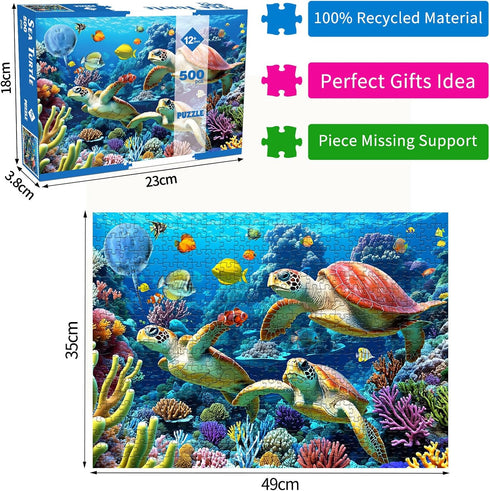 500 Piece Jigsaw Puzzle for Adults - Sea Turtle Underwater World, Finished Size 19.3" x 13.7"