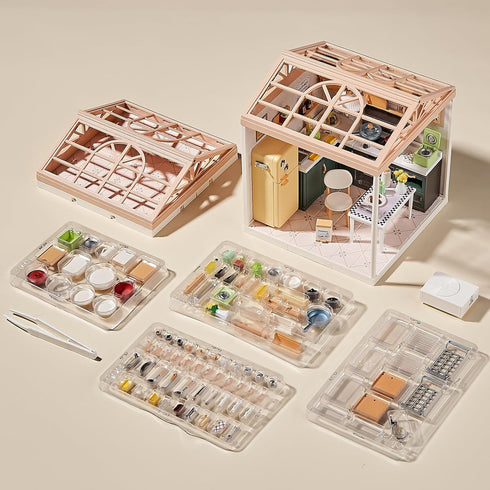126Pcs Set 1:24 8+, Miniature Kitchen DIY House Kit Cooking Room Furniture with Plug-in LED Light & Modular Base, Scale