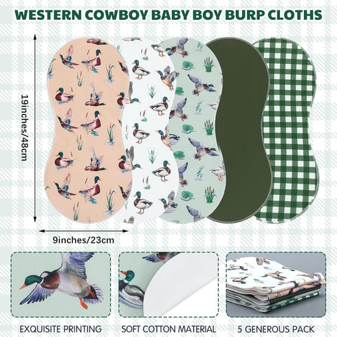 5 Pack 19"x9" Set SmoothNovelty Mallard Duck Pattern Baby Burp Cloths Soft Absorbent Burping Rags for Newborns Spit up