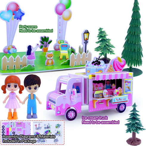 Sets 3D 3-5 Pink Train for Toddlers|Musical Electric Train Toys with DIY Ice Cream Truck Foam Puzzles Party Scene