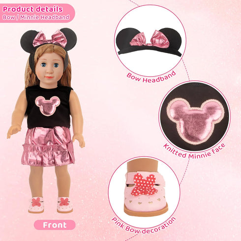 Minnie Themed Cosplay Kit for 18 Inch Girl Dolls, 9 Pcs Accessories Including Dress, Hairband & Shoes
