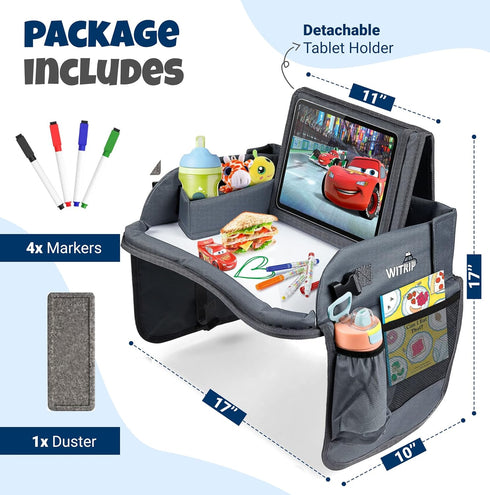 Kids Travel Tray with Dry Erase Board - Car Seat Tray for Kids Travel, Carseat Table Top for Toddler, Lap Desk for Car