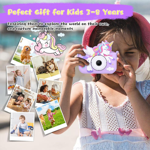Unicorn Toys Camera for Kids Girls Age 3-8, Digital Selfie Video Camera with HD 1080P, 32GB SD Card, Purple