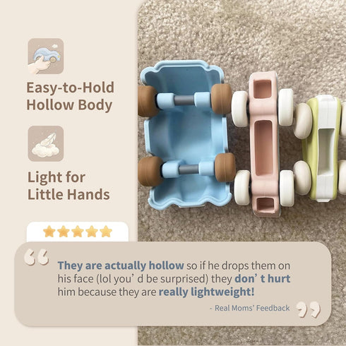 612 46 3 Pack Moonkie Food Grade Silicone Toy Cars for Babies & Toddlers, Push and Go Baby Car Toys Months, Hollow
