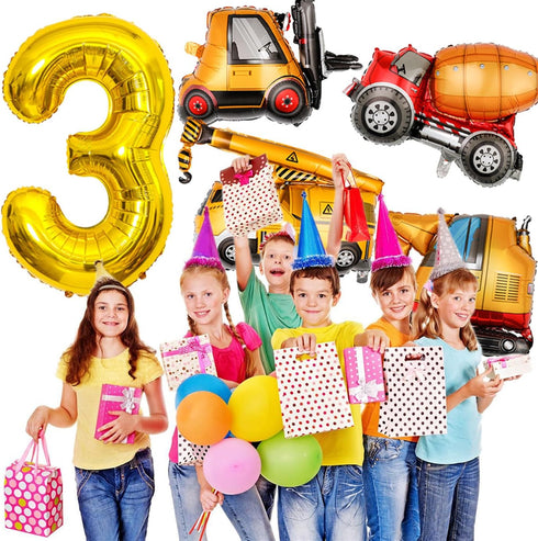 Tagberoy 3 40Inch 3 3rd Construction Birthday Party Supplies Year Old, Large Construction Balloons Gold Number Balloon