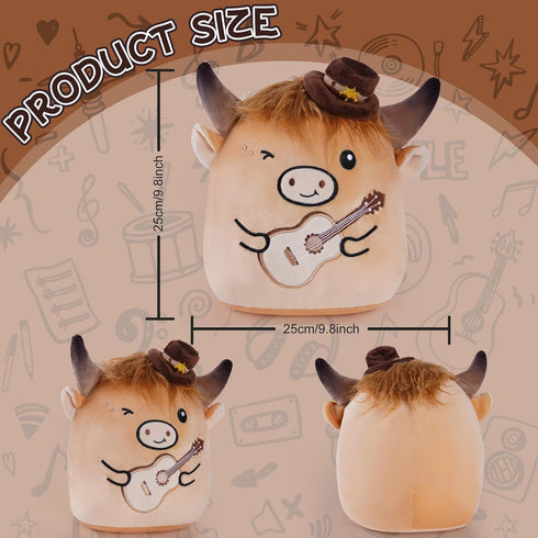 8 Inch Country Highland Cow Stuffed Animal, Cute Cow Plush Toy with Guitar and Cowboy Hat, Soft Kawaii Plushie Pillow