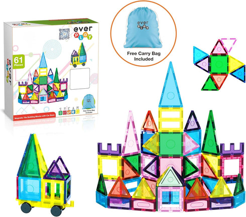 Everplay 61pc Magnet Tile Building Blocks - Magnetic Construction Toy with Car Base, Drawstring Carry Bag for Age 3+