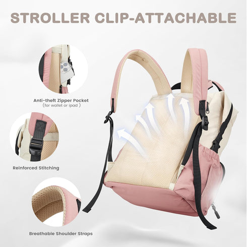 Backpack, Backpack VONAL Diaper Bag Lightweight Baby Diaper Bags, Travel Large Diaper Bag with Changing Station, Pink