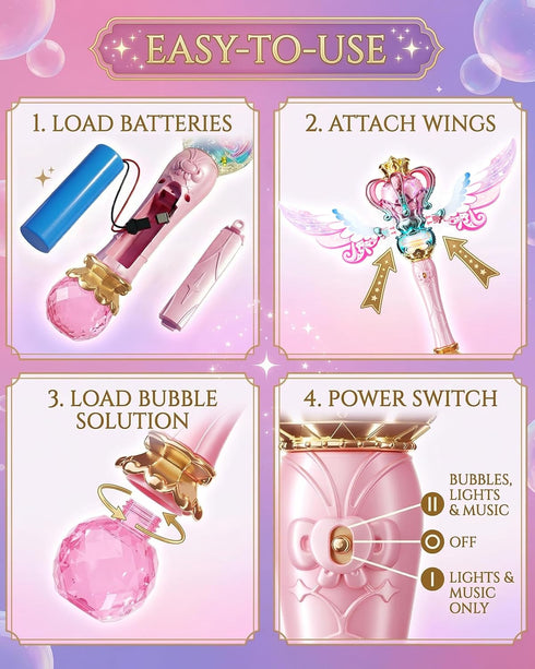 12 3-8 Uregoio Princess Bubble Wand for Girls - Rechargeable Spinning Light Up Magic Fairy Scepter Bubble Machine Toy