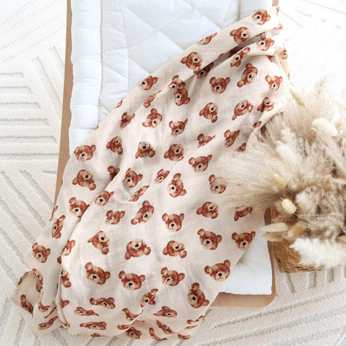 LifeTree Muslin Baby Swaddle Blankets, Large 47" x 47", Boys Girls Swaddling Wrap for Newborn, Bear Head Pattern
