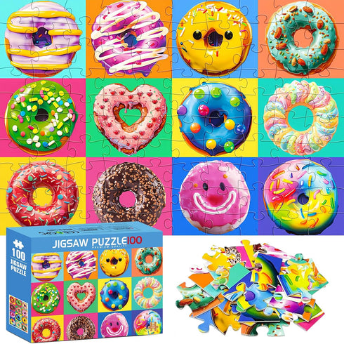 100 Pieces Puzzles for Kids Ages 4-8, Delicious Donuts Jigsaw Puzzle, Large 100 Piece for Toddler Children