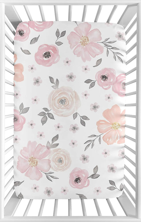 Sweet Jojo Designs Baby Mini Crib Sheets (Pink/Grey Boho Floral) for Girls, Fitted Portable Pack and Play Size