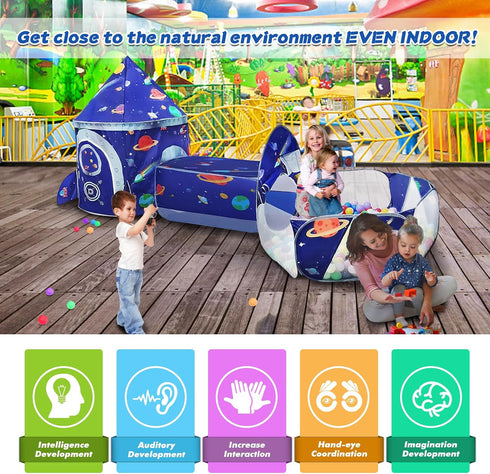 TTLOJ Gift 3pc Rocket Ship Kids Play Tent, Ball Pit, Crawl Tunnel, Toddlers Playhouse Castle Toys