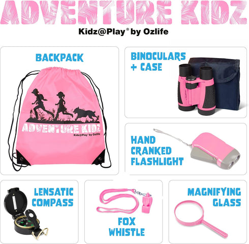 Backpack. Set Adventure Kidz - Outdoor Exploration Kit, Childrens Toy Binoculars with Case, Flashlight, Compass, Fox