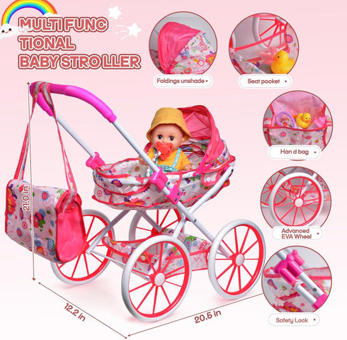 Set 12.5'' Chair&2 Set Playset 3 4 5 Baby Doll Stroller Toys with Baby Dolly, Baby Doll Accessories with Dining