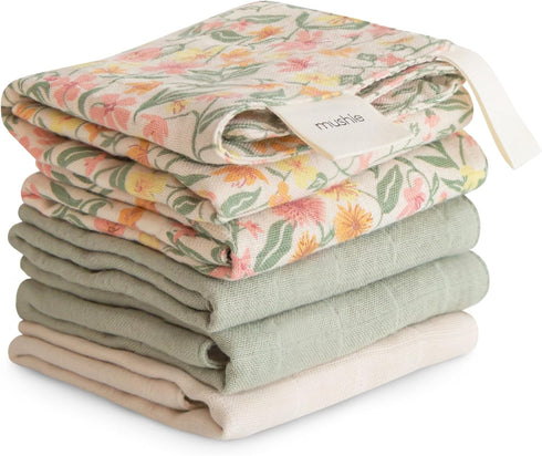 mushie Muslin Organic Cotton Washcloths 5-Pack (Pastel Blooms Combo) | Soft Wipes