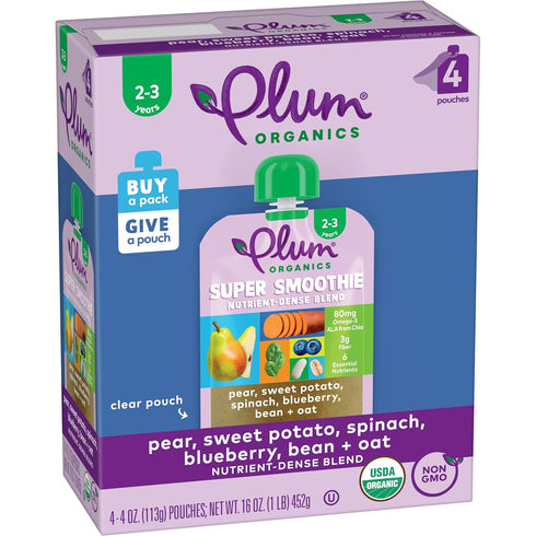 Plum Organics Super Smoothie Organic Toddler Food, Pear, Sweet Potato, Spinach, Blueberry, Bean, Oat, 4 oz (Pack of 4)