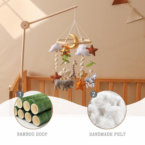 Moyii Baby Crib Mobile for Nursery - Handmade Felt Safari Animals Hanging Mobile - Giraffe Elephant Zebra Ceiling Decor
