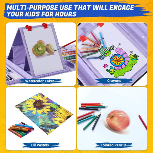 All in One Art Supplies with Trifold Easel, Art Set with Drawing Kit, Coloring Book, Paper Cutting, and Origami Kit