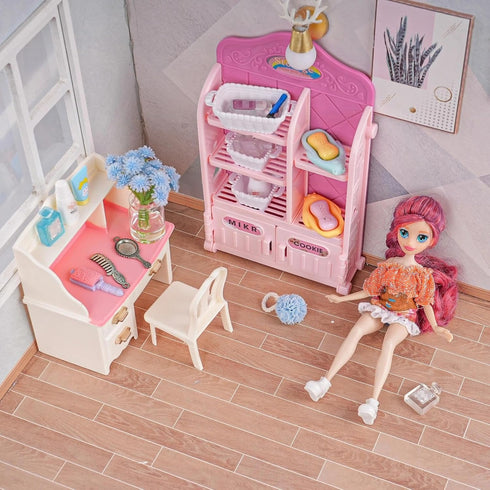 WEHOO 74Pcs Set Backpack Dollhouse Acessories Furniture Mini Cabinet with Drawers Case Handbag Towel Cosmetic Bathroom