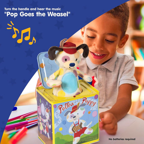 18 Schylling Polka Puppy Jack in the Box - Classic Children's Musical Toy that Dances - Colorful Embossed Tin Box
