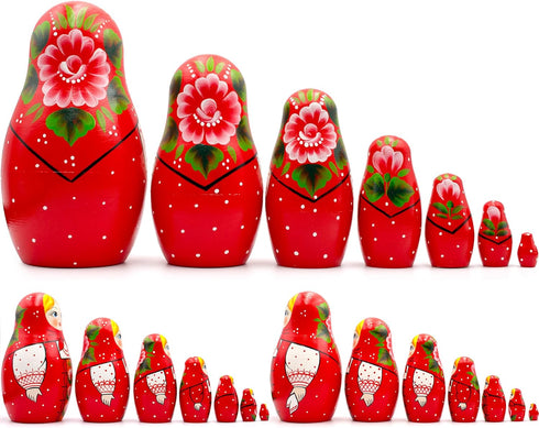 Set 7 Nesting Dolls of pcs - Baboushka Russian Dolls in Hand Painted Red Head Scarf and Sarafan Dress with Ornaments