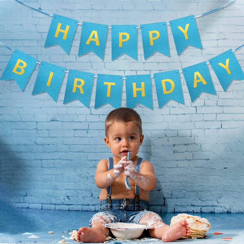 Clabby Glitter Happy Birthday Banner, Shiny Letters Hanging Signs for Party Supplies Backdrop Decoration, Blue