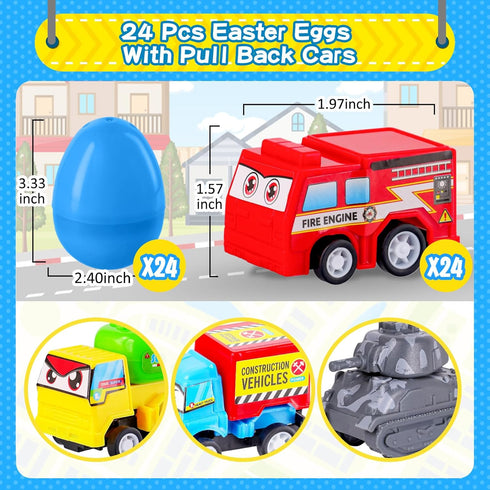 MGparty 24 Pack Prefilled Easter Eggs with Car Toys for Kids Toddlers Bulk Plastic Eggs Pull Back City Truck Vehicles