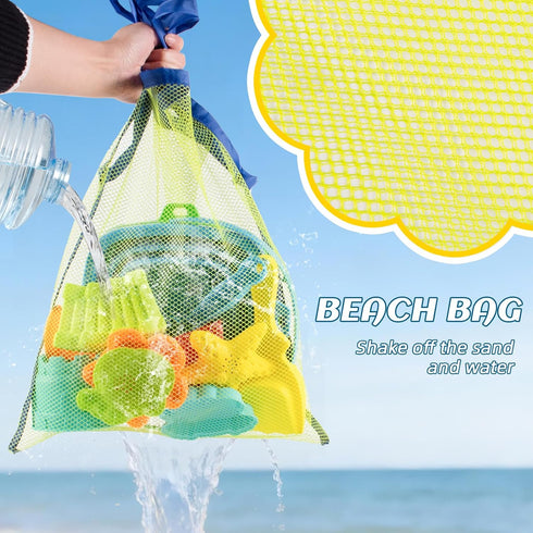 Aimlovs Set 4 Set 3-10(Blue&Green) Collapsible Beach Toys for Kids,Sand Bucket Shovel, Rake, Mesh Bag Molds & Castle