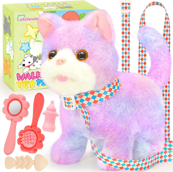 CatchCute Plush Toys Cat for Kids with Leash, Interactive Electronic Kitty That