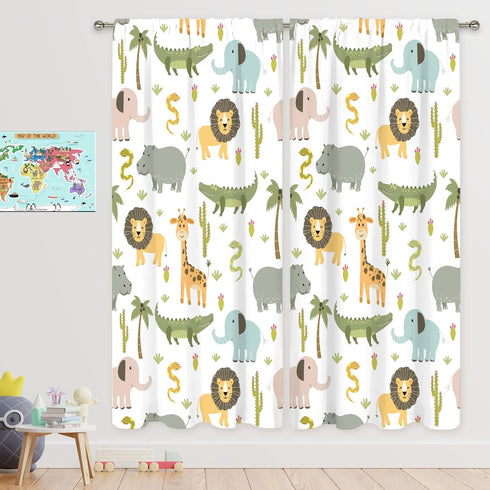 42W 63H Inch MESHELLY Kids Safari Curtains X Rod Pocket Cute Cartoon Animals Baby Boy Nursery Bedroom Decor Woodland